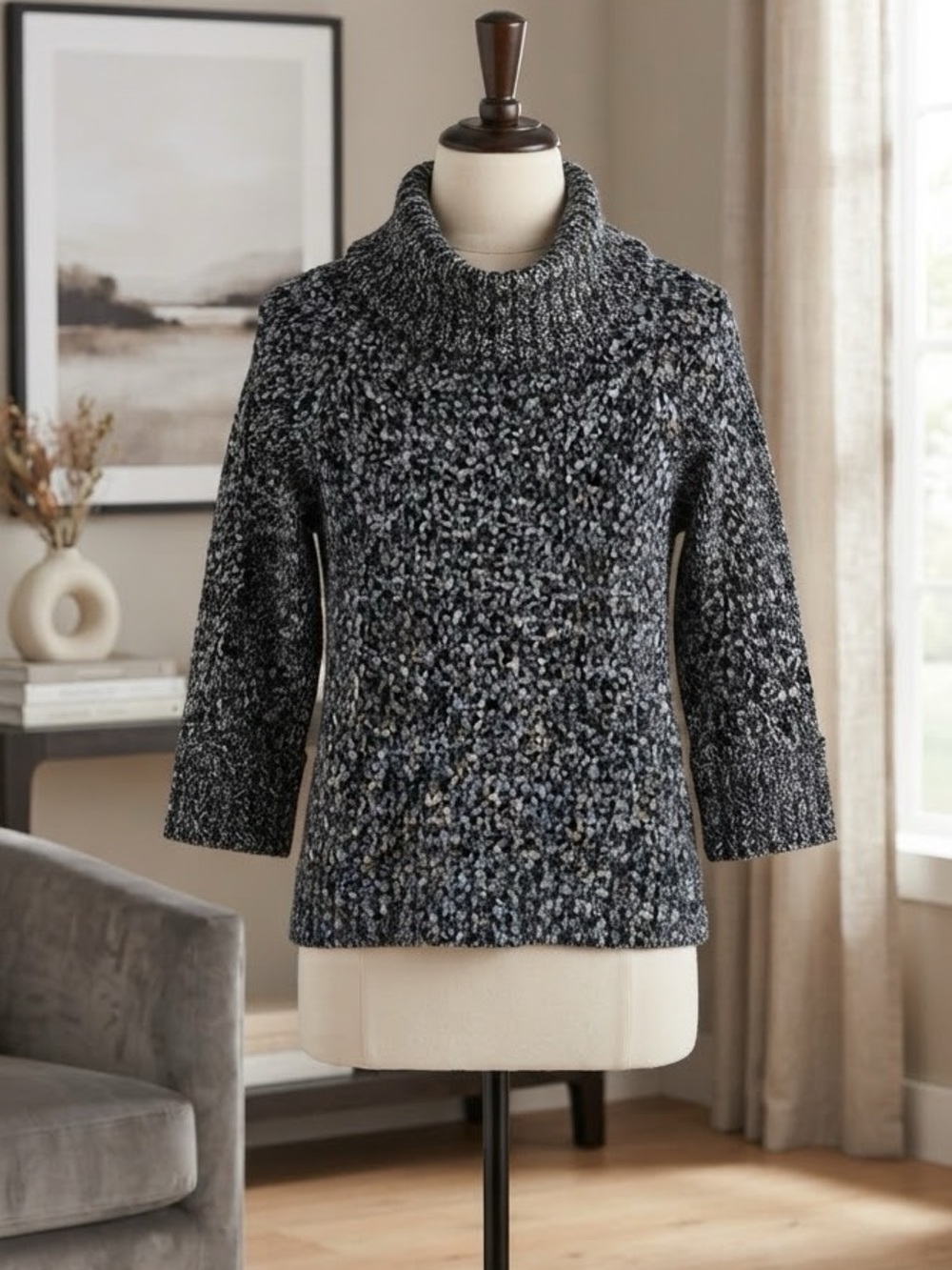 INC International Concepts Charcoal Bouclé Funnel Neck Sweater
